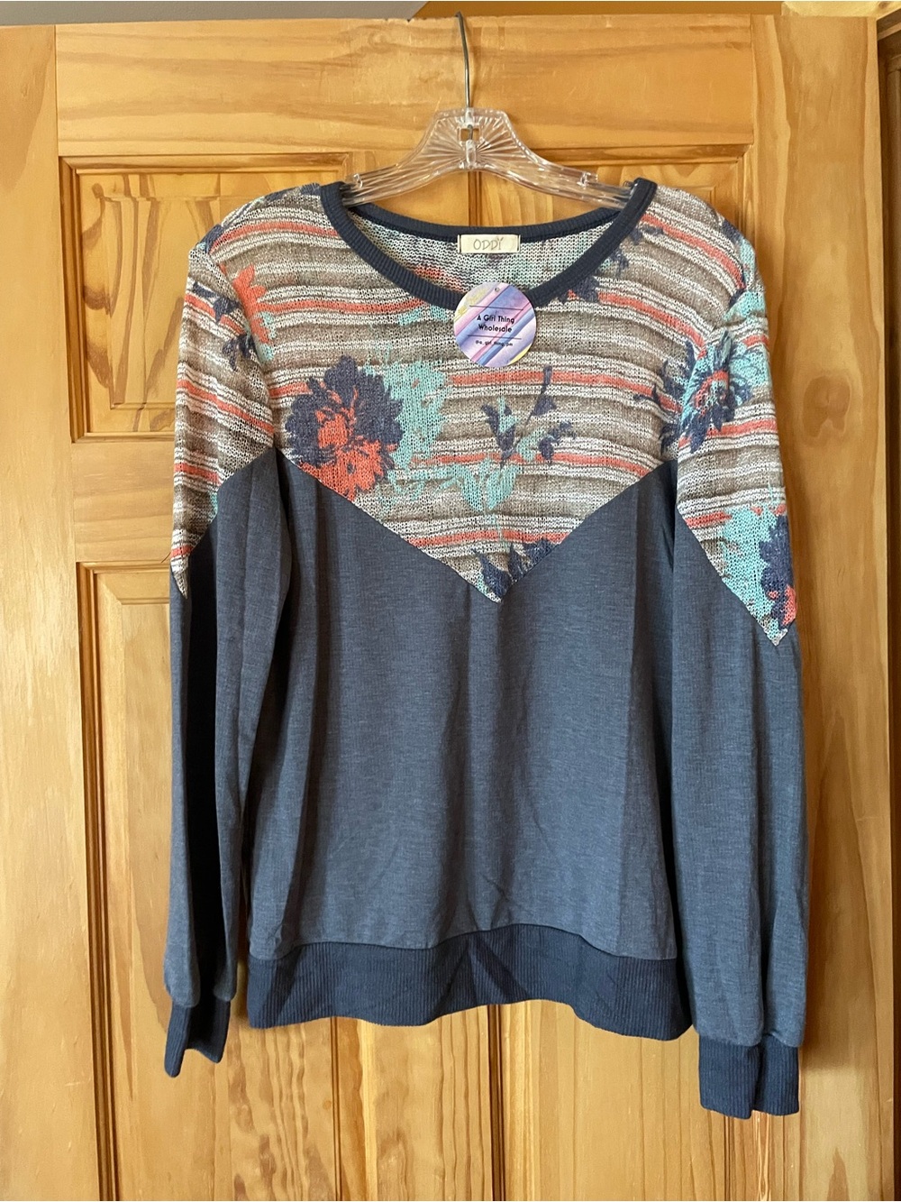 ODDY Charcoal Pullover with Floral Stripe Yoke